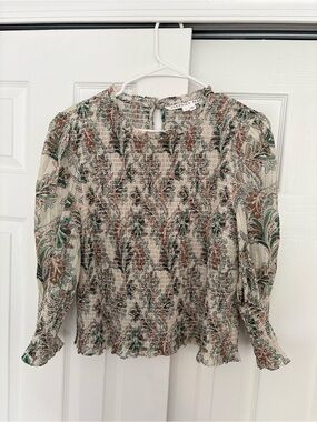 Veronica Beard Cream Blouse with Green & Brown Floral Print